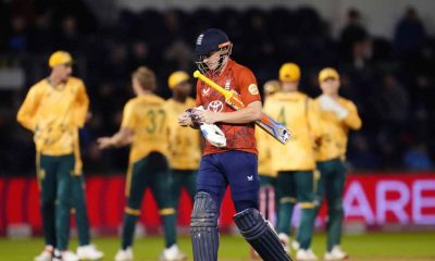 England’s Harry Brook appears dejected after getting out