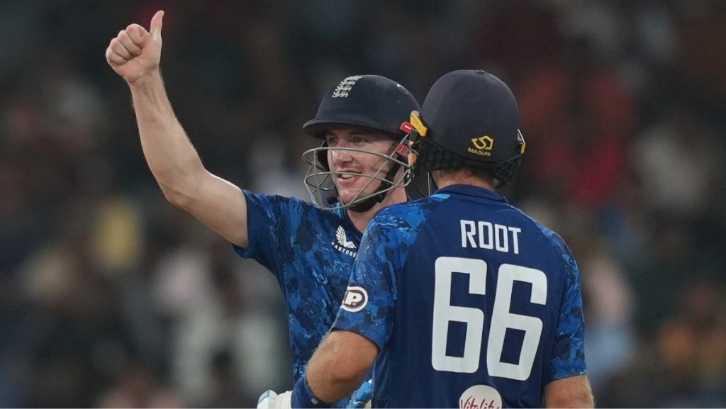Harry Brook and Joe Root celebrate
