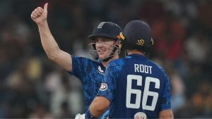 Harry Brook and Joe Root celebrate