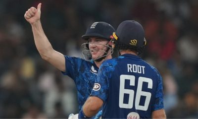 Harry Brook and Joe Root celebrate