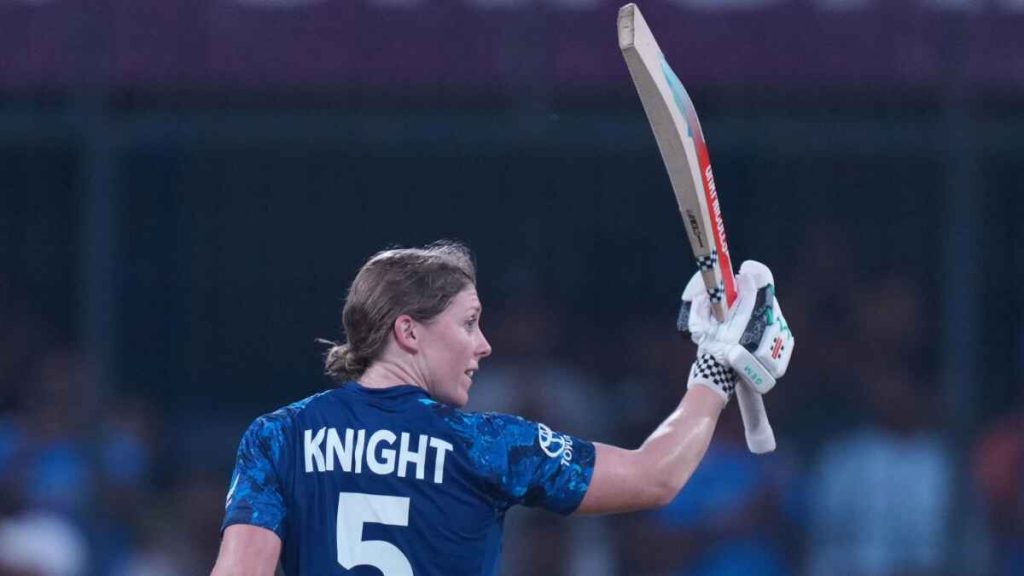 England’s Heather Knight celebrates her century during the World Cup match against India