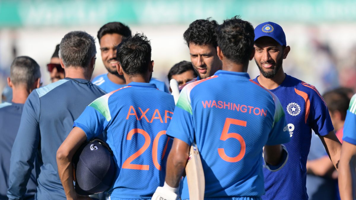 India’s Washington Sundar celebrates with his team-mates following victory over England in the first ODI at Edgbaston