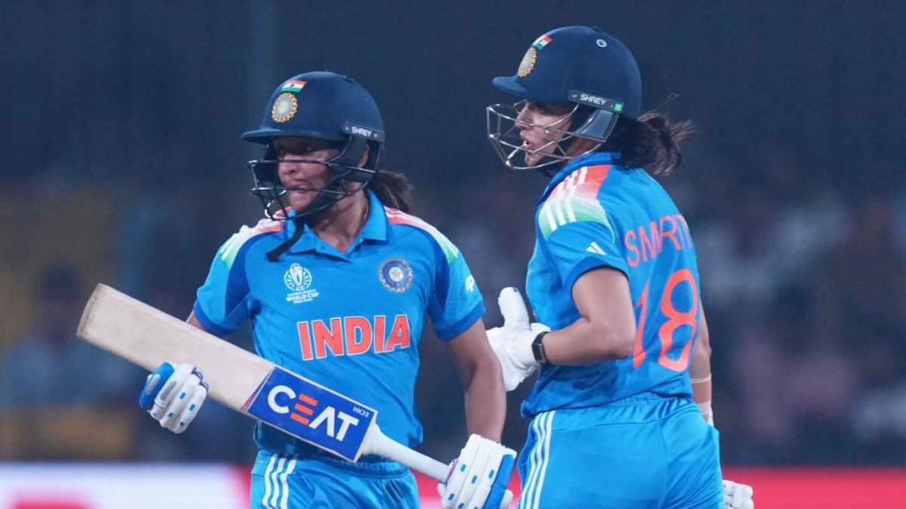 India’s captain Harmanpreet Kaur (left) and Smriti Mandhana in action at the Women's Cricket World Cup against England