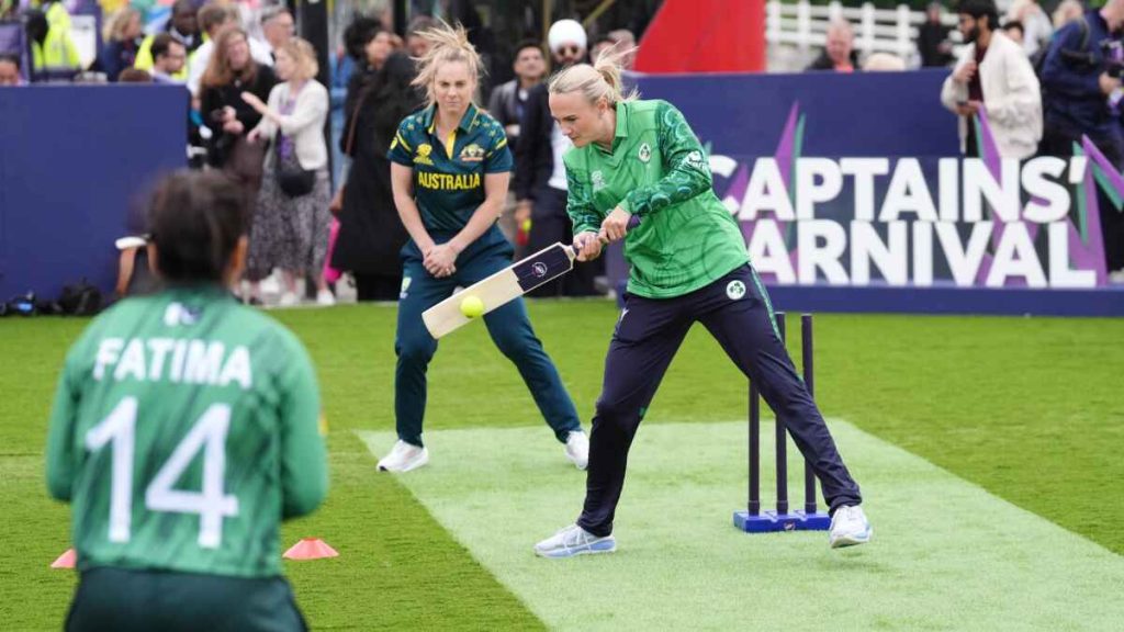 Ireland’s Gaby Lewis hits the ball while playing cricket on Waterloo Bridge, London, ahead of the ICC Women’s T20 World Cup 2026