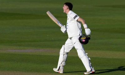 Jack Carson celebrates his century milestone for Sussex against Surrey at The Oval