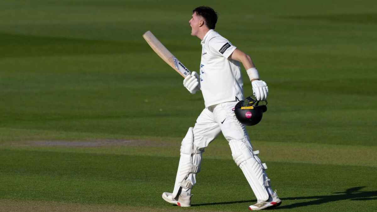 Jack Carson celebrates his century milestone for Sussex against Surrey at The Oval
