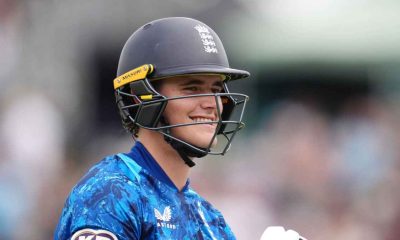 England’s Jacob Bethell smiles after recording a century