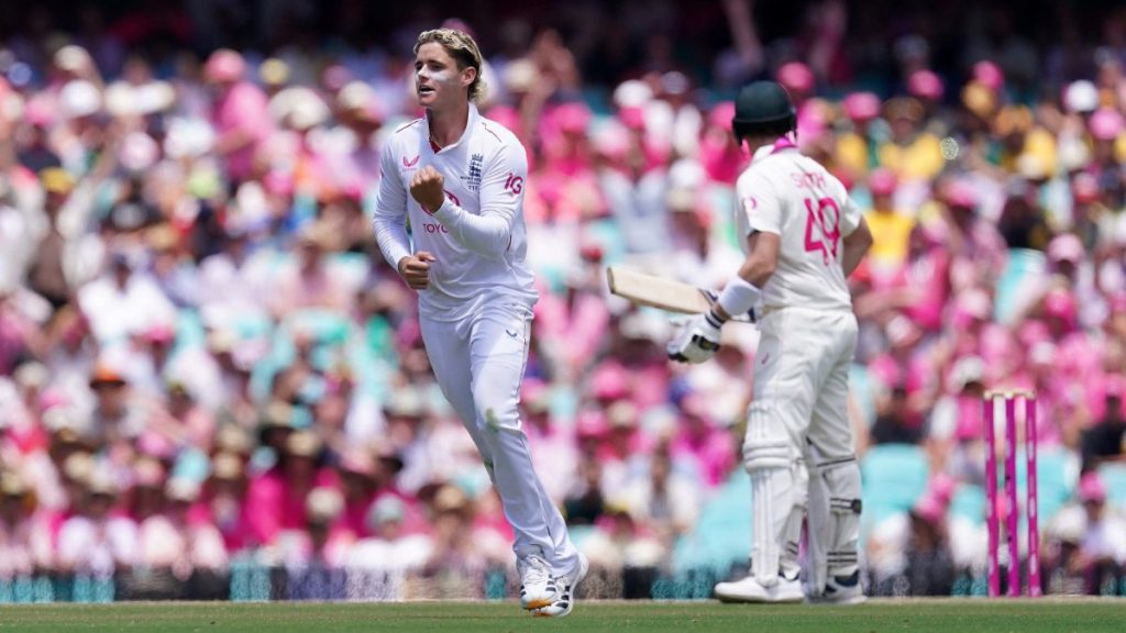 England’s Jacob Bethell celebrates taking the wicket of Australia’s Travis Head at the SCG on Tuesday