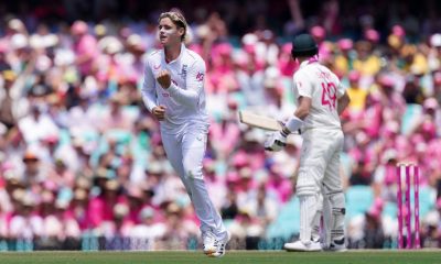 England’s Jacob Bethell celebrates taking the wicket of Australia’s Travis Head at the SCG on Tuesday