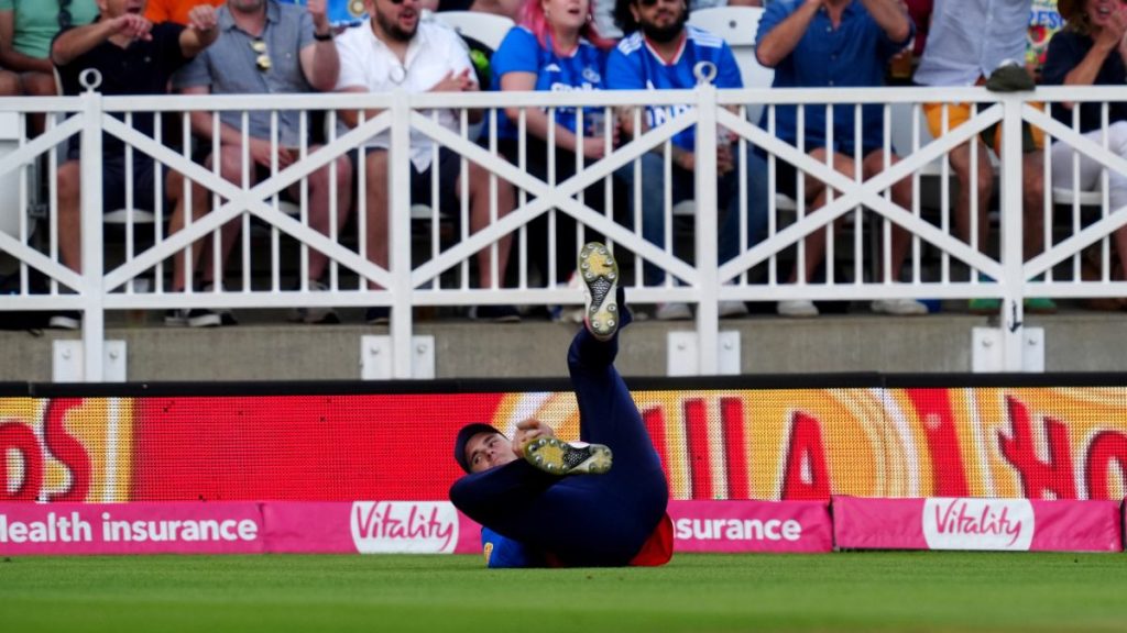 England’s Jacob Bethell catches out India’s Shreyas Iyer on the boundary