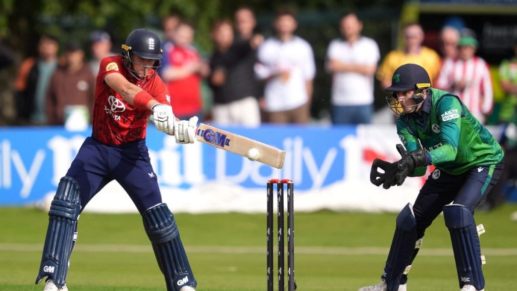 England’s Jacob Bethell batting during the First Men’s International Twenty20 match at Malahide.