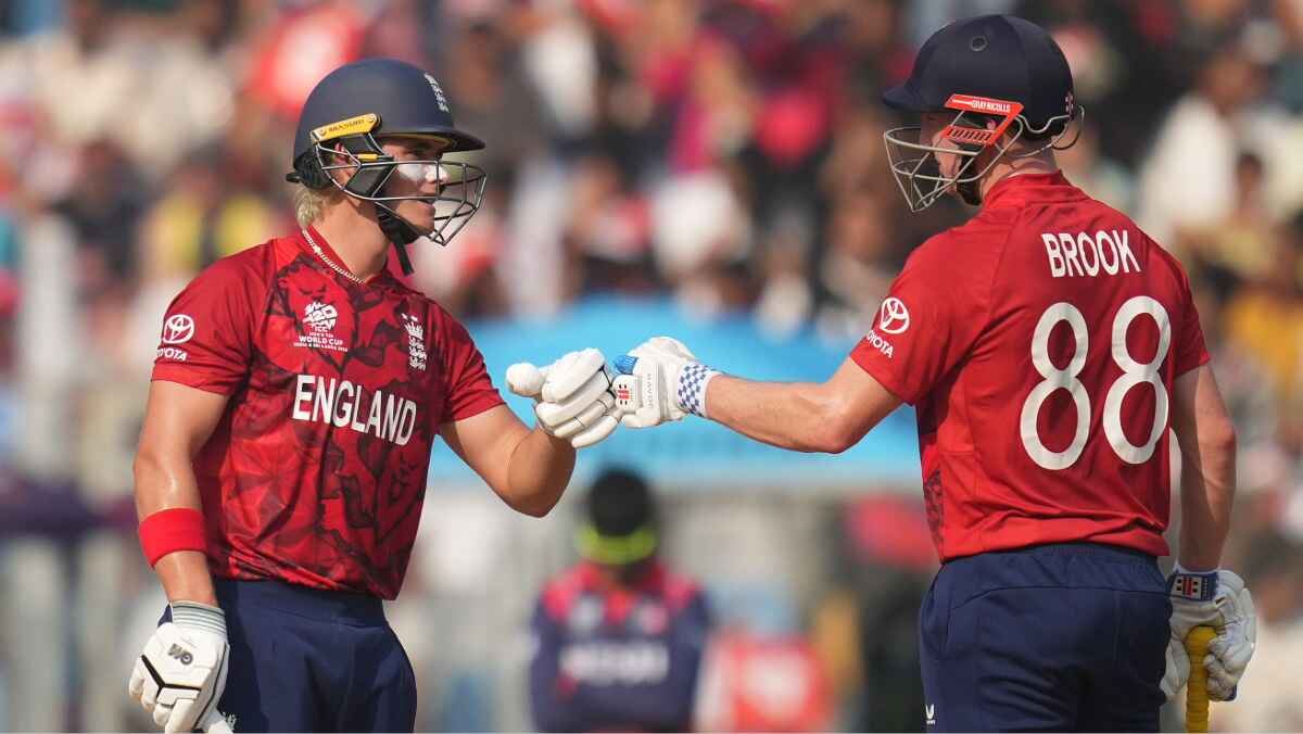 Jacob Bethell punches gloves with Harry Brook