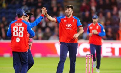 England’s Jamie Overton (right) celebrates after taking the wicket of Sri Lanka’s Pathum Nissanka.