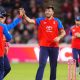England’s Jamie Overton (right) celebrates after taking the wicket of Sri Lanka’s Pathum Nissanka.