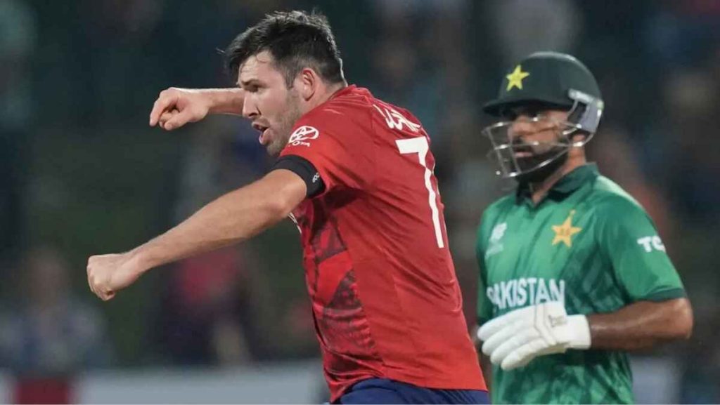 Jamie Overton celebrates the wicket of Sahibzada Farhan, not pictured