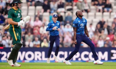 England’s Jofra Archer (right) celebrates after taking the wicket of South Africa’s Tristan Stubbs (left)