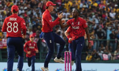 England’s Jofra Archer, right, celebrates taking the wicket of Sri Lanka’s Pathum Nissanka