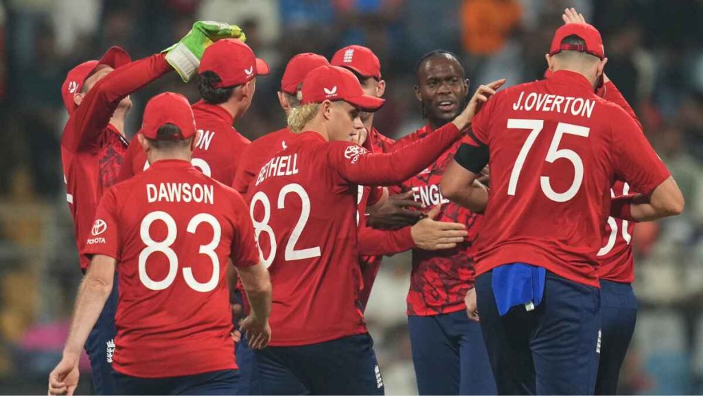 Jofra Archer celebrates with England team-mates after the early wicket of Shai Hope
