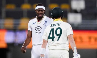 England bowler Jofra Archer, left, and Australia batter Steve Smith