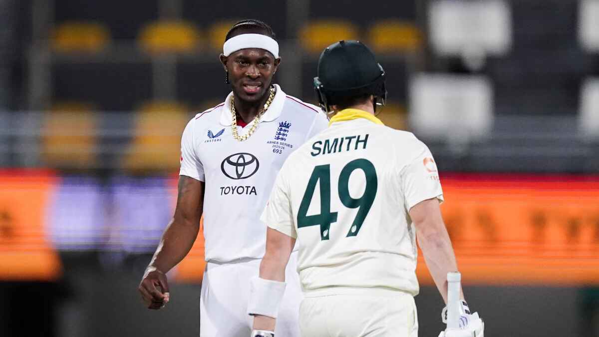 England bowler Jofra Archer, left, and Australia batter Steve Smith