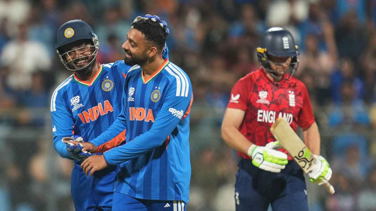 India celebrate Jos Buttler’s dismissal in the T20 World Cup semi-final