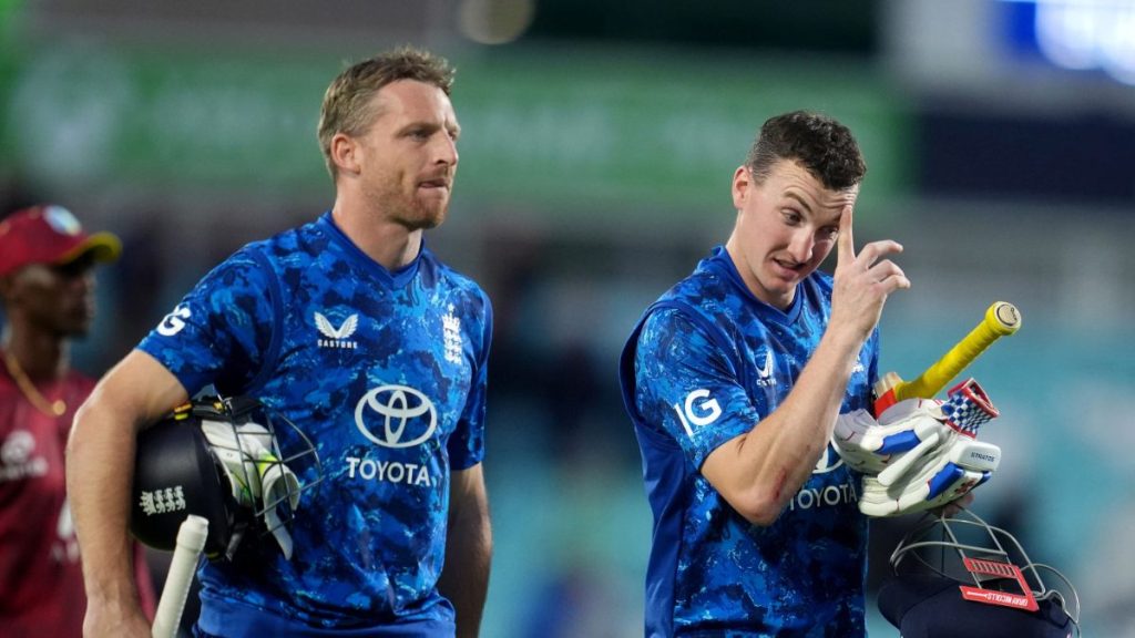 England’s Jos Buttler and Harry Brook after the winning runs during the third ODI against the West Indies.