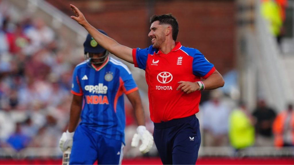 England’s Josh Tongue celebrates the wicket of India’s Shivam Dube