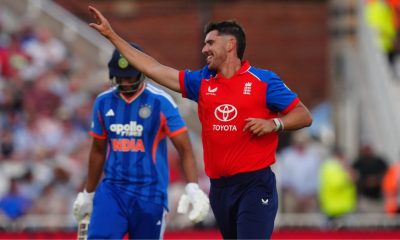 England’s Josh Tongue celebrates the wicket of India’s Shivam Dube