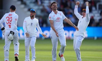 Josh Tongue celebrates taking the wicket of New Zealand’s Kane Williamson