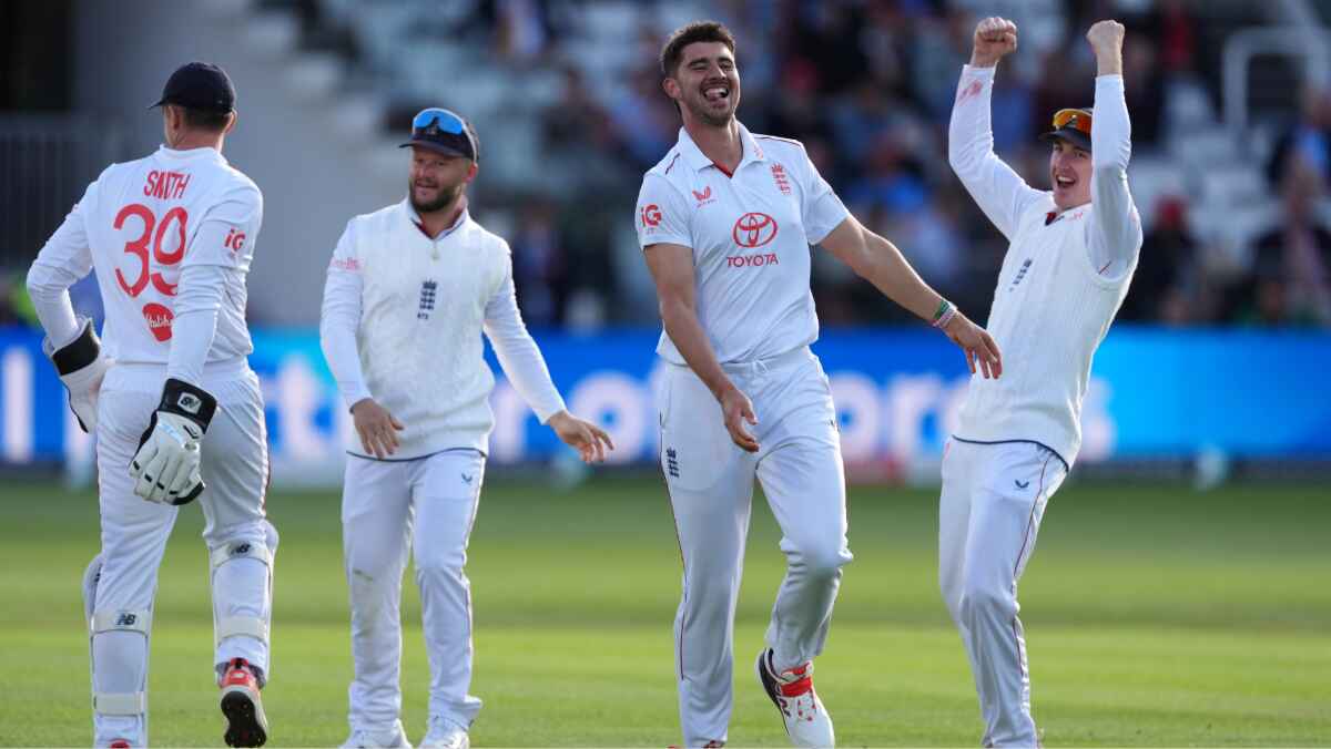 Josh Tongue celebrates taking the wicket of New Zealand’s Kane Williamson