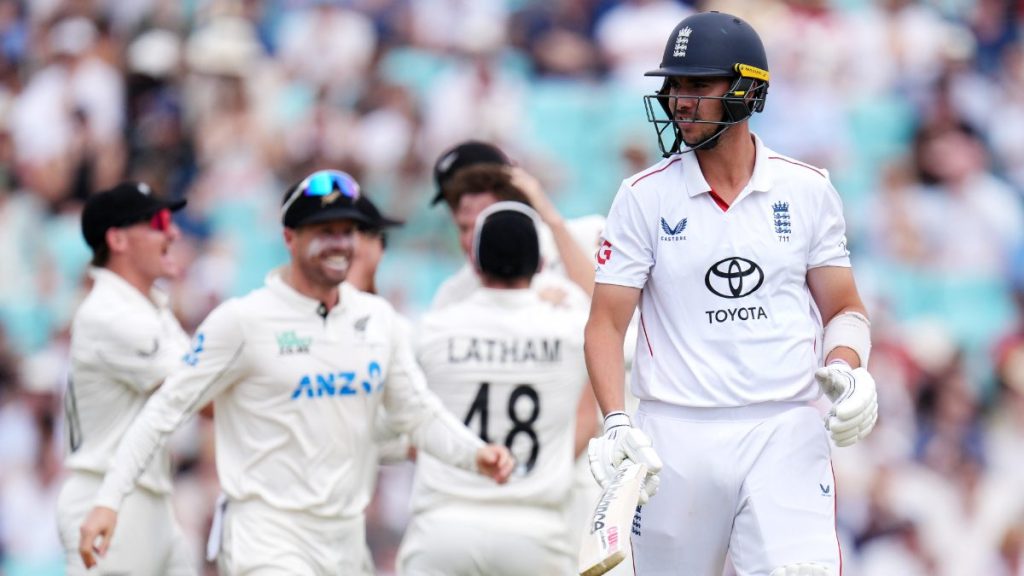 England’s Josh Tongue heads back to the pavilion after being bowled out