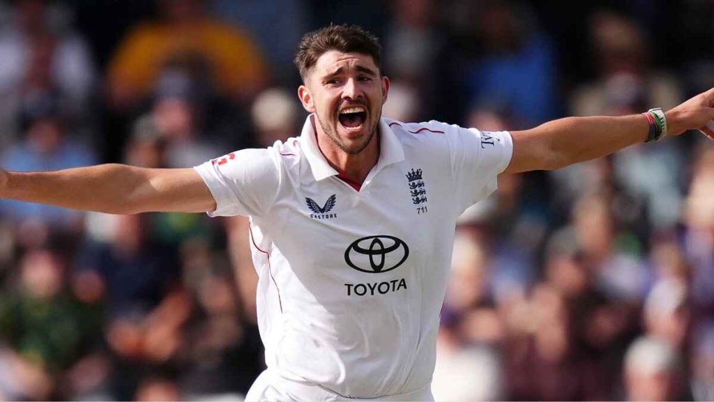 Josh Tongue celebrates a wicket.