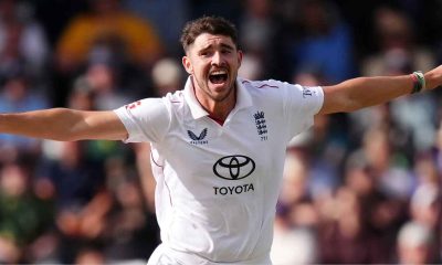 Josh Tongue celebrates a wicket.