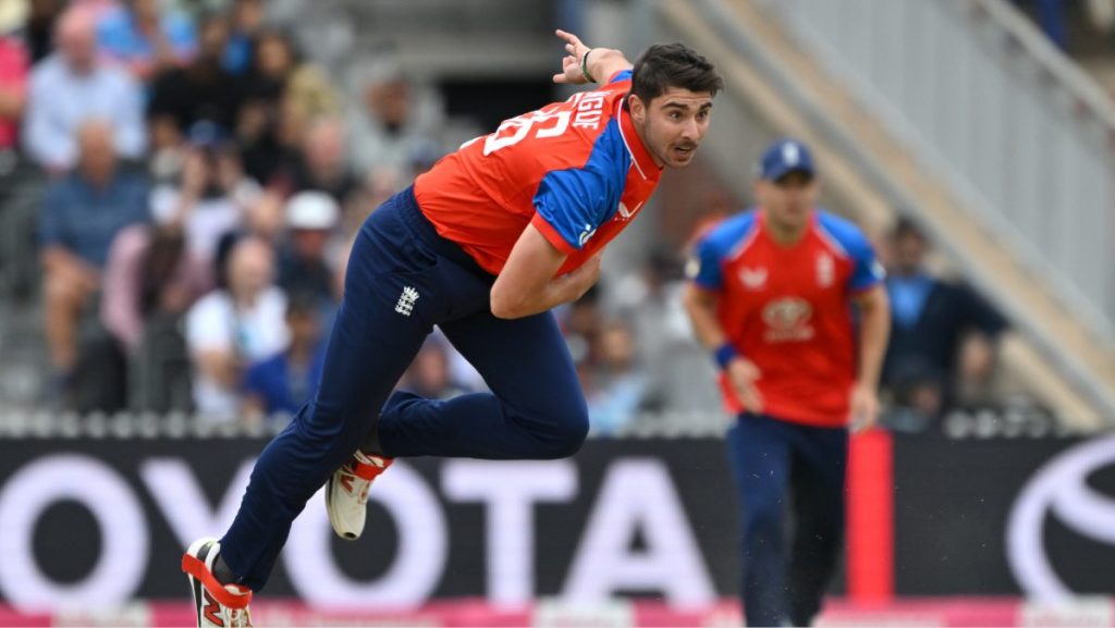 Josh Tongue bowls on his T20 debut for England against India.