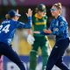 Linsey Smith, right, celebrates the dismissal of South Africa’s Marizanne Kapp with team-mate Charlie Dean