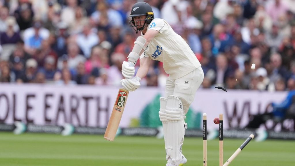 New Zealand’s Matt Henry is bowled by England’s Gus Atkinson, not pictured