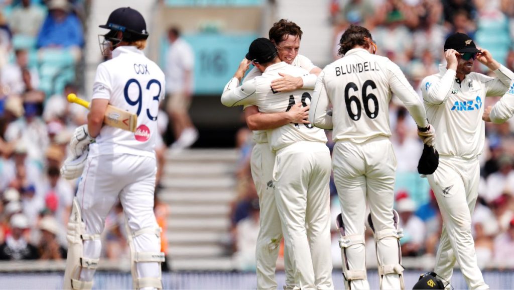 New Zealand’s Matt Henry celebrates taking the wicket of England’s Jordan Cox