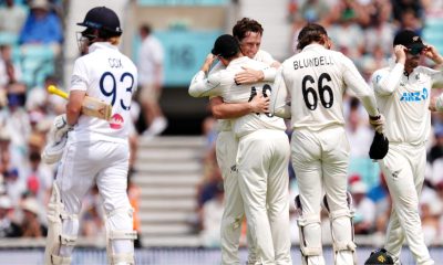 New Zealand’s Matt Henry celebrates taking the wicket of England’s Jordan Cox