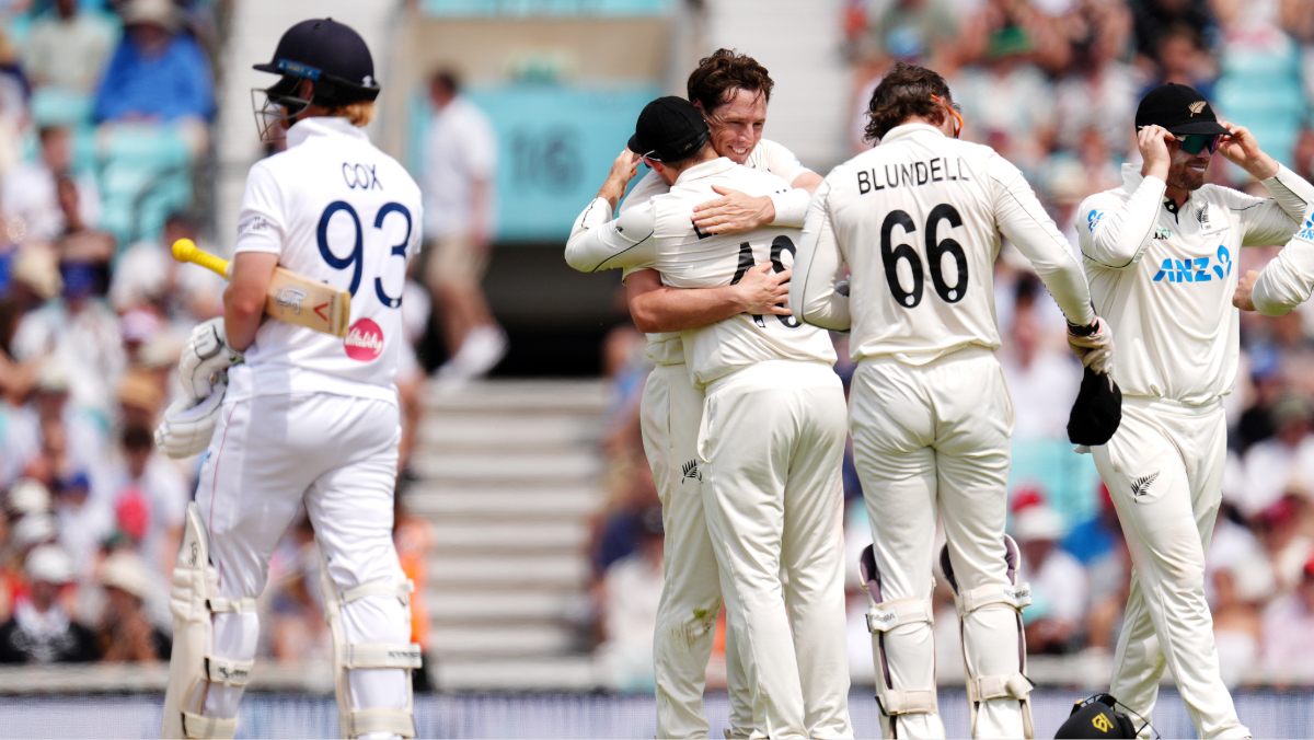 New Zealand’s Matt Henry celebrates taking the wicket of England’s Jordan Cox
