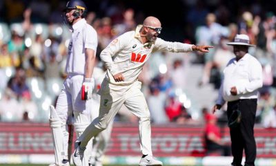 Nathan Lyon celebrates the wicket of England’s Ben Stokes on day four