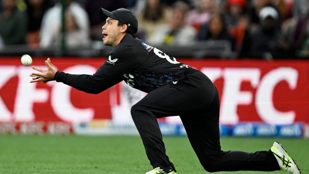 New Zealand’s Mark Chapman takes a catch to dismiss Phil Salt