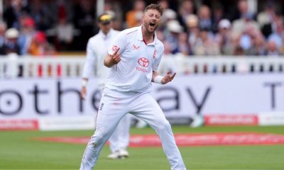Ollie Robinson celebrates taking a wicket