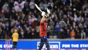 England’s Phil Salt celebrates reaching a century