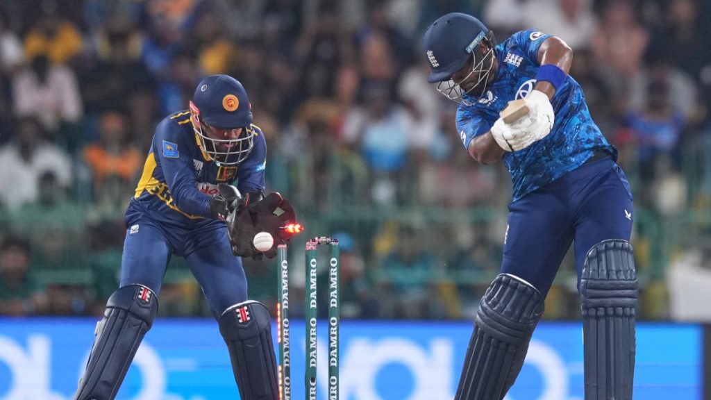 Rehan Ahmed is bowled for 13