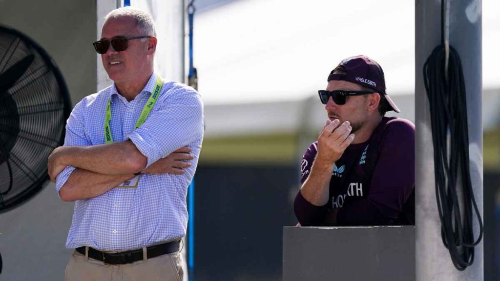 England head coach Brendon McCullum with ECB chief executive Richard Gould (left) during a nets session at the Optus Stadium, Perth