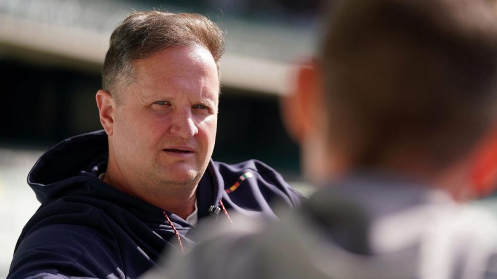England managing director of cricket Rob Key (left) is interviewed during a nets session at the Melbourne Cricket Ground on Tuesday