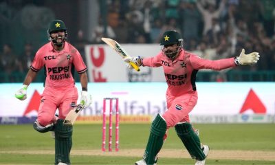 Shadab Khan and Haris Rauf celebrate Pakistan’s victory.