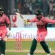 Shadab Khan and Haris Rauf celebrate Pakistan’s victory.