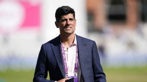 Sir Alastair Cook walks across the outfield ahead of England's first Test against Sri Lanka in 2024.