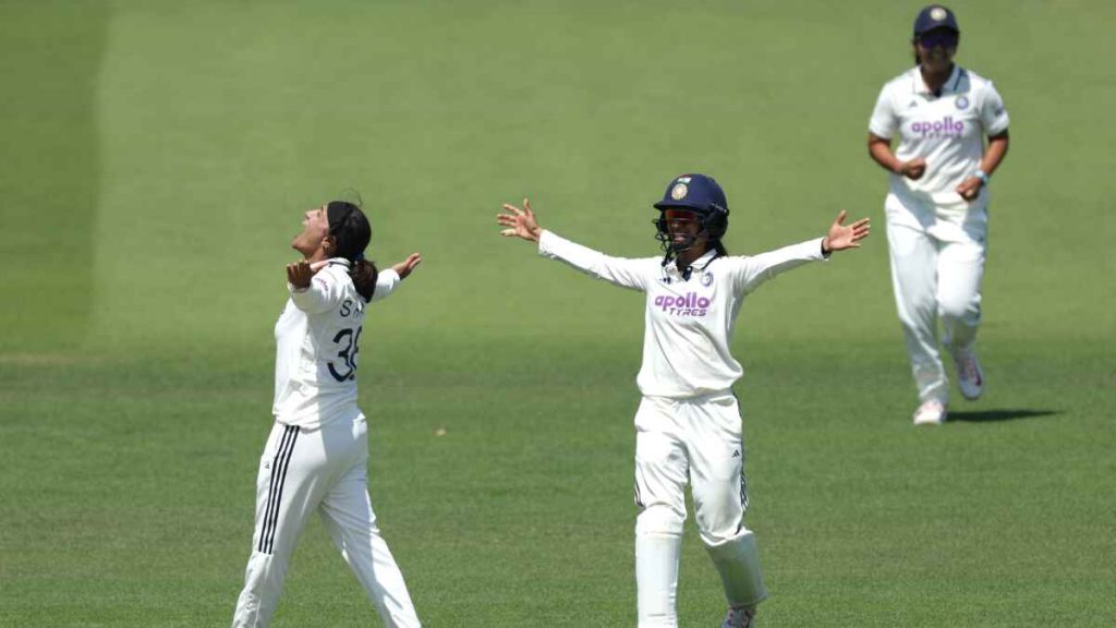 India’s Sneh Rana celebrates removing Sophie Ecclestone to complete a 270-run win for India over England